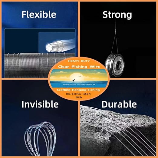 Aboda Heavy Duty Fishing Line Wire 0.8mm 656 ft, Strong Clear String for Hanging Decorations, Invisible Fishing Line for Crafts, Thick Transparent Hanging Wire for Pictures with 100 Crimp Sleeves