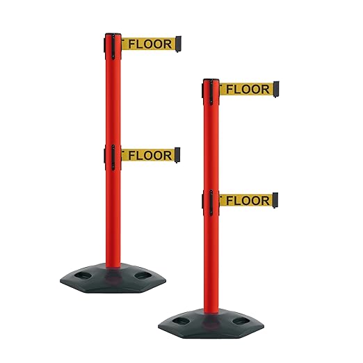 Montour Line MSR630D Set of 2 Retractable Belt Barrier Stanchion, Heavy-Duty Rubber Base, Red Post (11 ft Yellow with"Caution - Wet Floor" Black Letters Dual Belt)