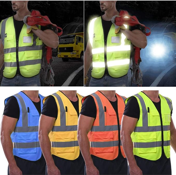 YOWESHOP High Visibility Safety Vest Custom Your Logo Protective Workwear 5 Pockets With Reflective Strips Outdoor Work Vest (Orange (XL))