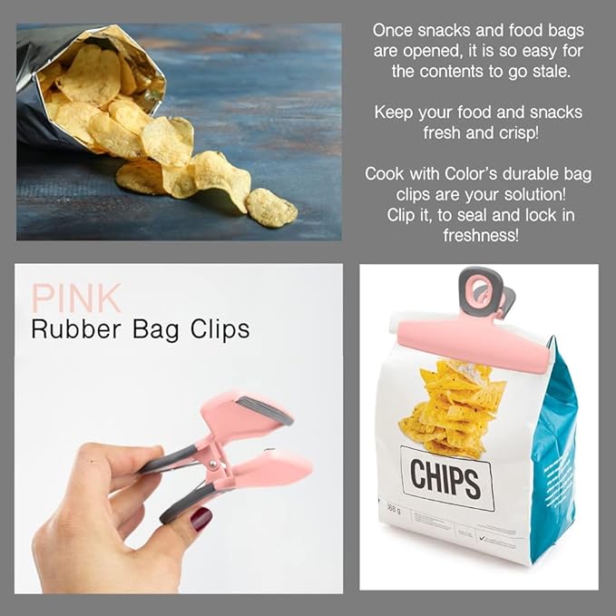 COOK WITH COLOR Food Clips - Wide Heavy Duty Chip Clips, Large Bag Clips for Food Storage with Air Tight Seal Grip, Pack of 4, Pink