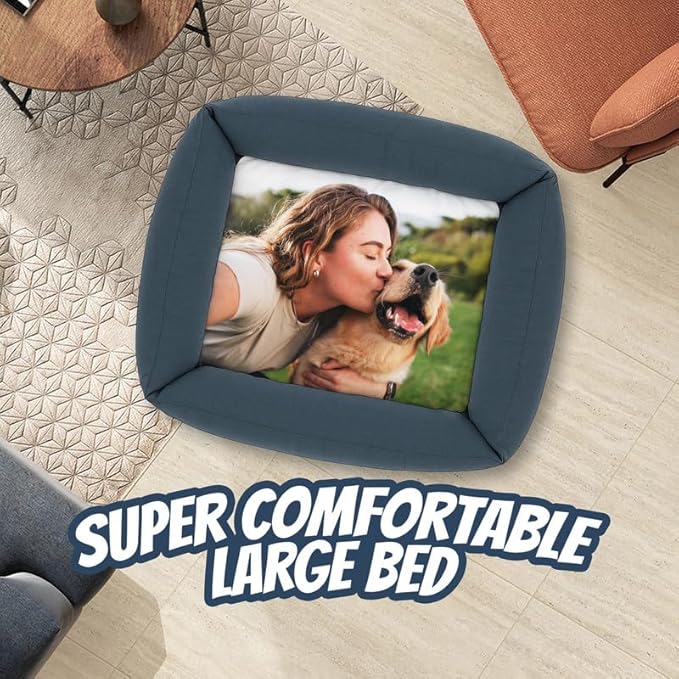 Ships Next Day, Made in USA - Custom Dog Bed – Dog/Puppy Bed w/Navy Blue Base - Personalized Pet Photo Upload - Indoor Use - Ideal Gift - Available in 3 Sizes (20x15.5 Inches)