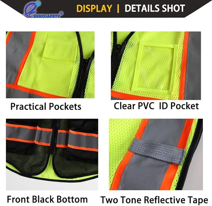 Reflective Mesh Safety Vest for Men Women with 5 Pockets and Zipper Front High Visibility Mesh Vest Hi Vis Construction Work Vest,Meets ANSI/ISEA Standards(EK175-Yellowblack-2XL)