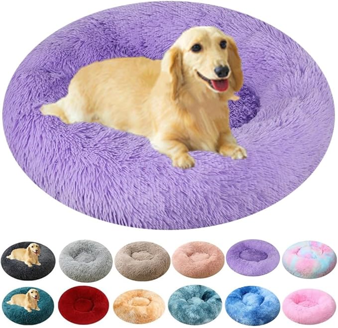 Calming Dog & Cat Bed, 24 Inch Anti-Anxiety Donut Cuddler Cat Bed with Anti-Slip Bottom, Washable Round Fluffy Pet Bed for Small Medium Dogs and Cats (Purple)