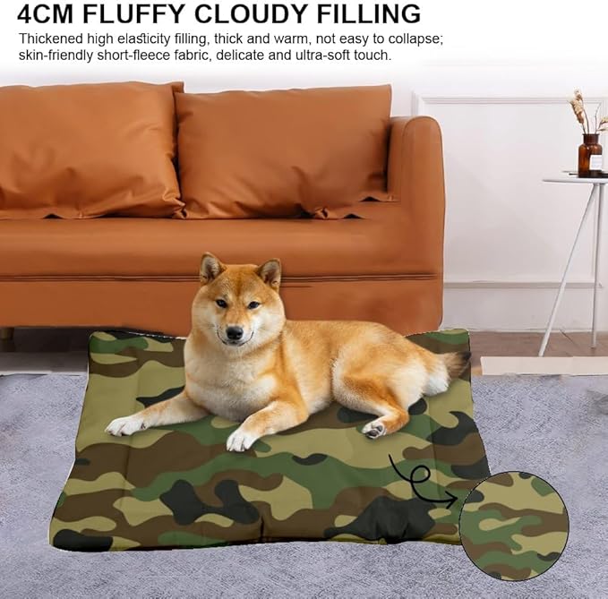 Classic Green Camo Dog Beds & Furniture Small Dog Mat Puppy Crate Pad Crate Bed Small Washable Non-Slip Pet Bed for Beds and Furniture Mat Washable Pillows for Medium Dogs Indoor Outdoor 24X18 Inch