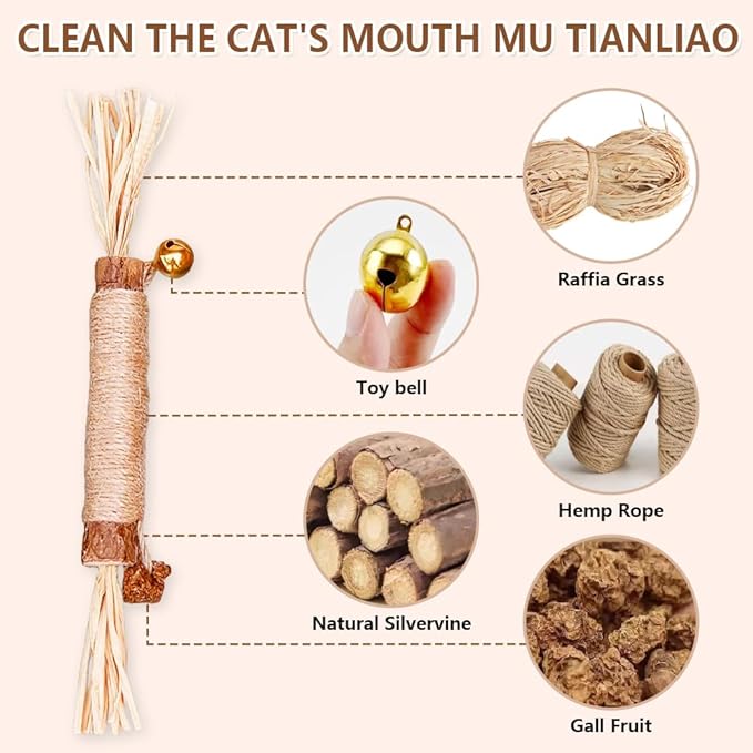 Natural Dried Matatabi Cat Chew Stick with Gall Fruit, Raffia Grass & Bell Cat Ball Toys, Handmade Silvervine Sticks Interactive Catnip Toys for Teething & Entertainment (Size M Color I)
