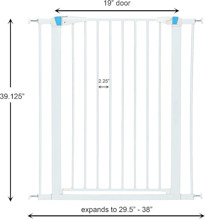 MidWest Homes for Pets 39 Inches Tall Walk-Though Steel Pet Gate, Pressure Mounted Dog Gate with Glow Strip Measures 29-38 Inches Wide & Includes Two 3-Inch-Wide Extensions, White