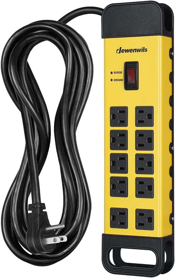 DEWENWILS 10-Outlet Metal Surge Protector Power Strip with 15Ft Cord, UL Listed, Flat Plug, 15A Circuit Breaker, 1440Joules, Heavy Duty Industrial Power Strip for Garage, Workshop, Wall Mountable