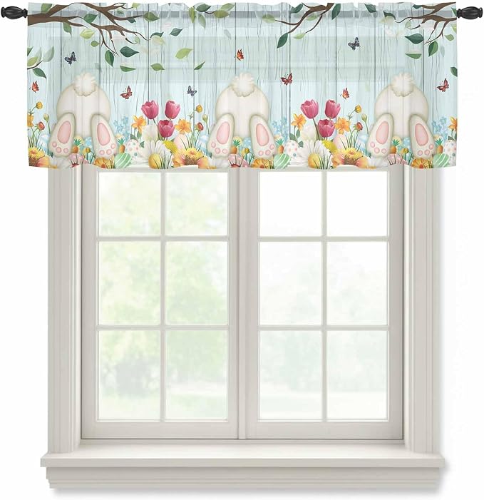 Easter Sheer Valances for Windows 42"x18", Light Filtering Kitchen Curtains
