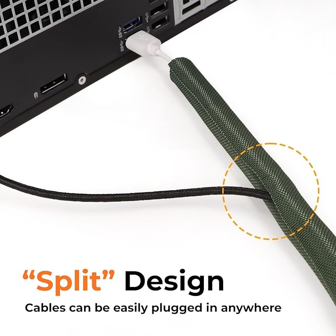 1/8 inch Split Braided Cable Management Sleeve for USB Cable Power Cord Audio Video Cable, Wire Loom Cord Protector from Cat Dog Chewing (Dark Green, 10FT)