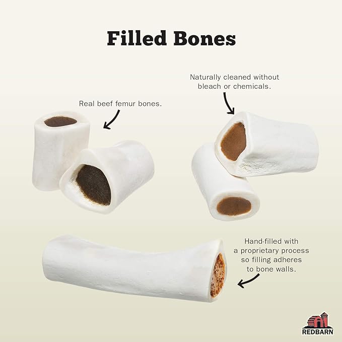 Redbarn Large Filled Bones for Dogs, Beef Flavor - Made in USA Long Lasting Stuffed Femur Treat for Aggressive Chewers - Case of 15