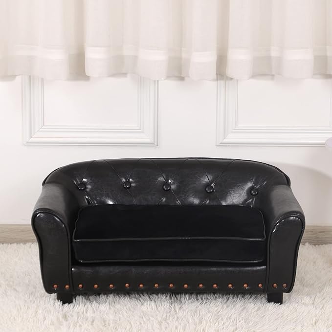 Dog Couch,Puppy Bed,Cat Sofa,Cat Couch,Pet Sofa,Dog Chair,Small Pet Bed with Copper Nail and Wooden Frame, Leather Fabric and Cushion,for Small Animals Using (Black)