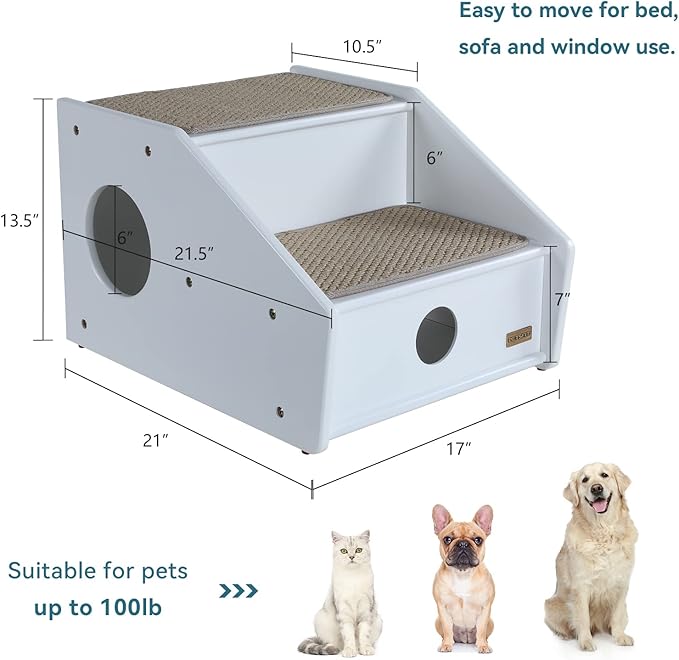 Petsfit 2-Steps Dog Stairs, Non-Slip cat Window Perch, White(21x17x14 inch)
