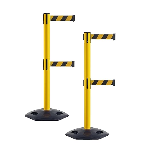 Crowd Control Warehouse Crowd Control Warehouse CCW Set of 2 Retractable Dual Belt Stanchion Safety Barrier, Heavy-Duty Rubber Base Yellow Post, WBB-200D (11 Foot Belt, Black and Yellow Diagonal Belt)