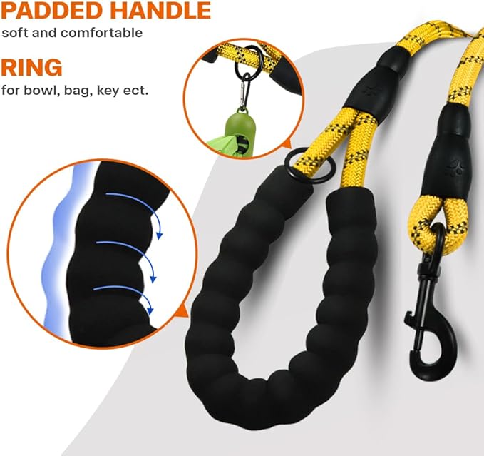 Taglory Rope Dog Leash 6 FT with Comfortable Padded Handle, Highly Reflective Threads Leash and Anti-Tangle Clip for Walking Small Dogs, 3/8 inch, Yellow