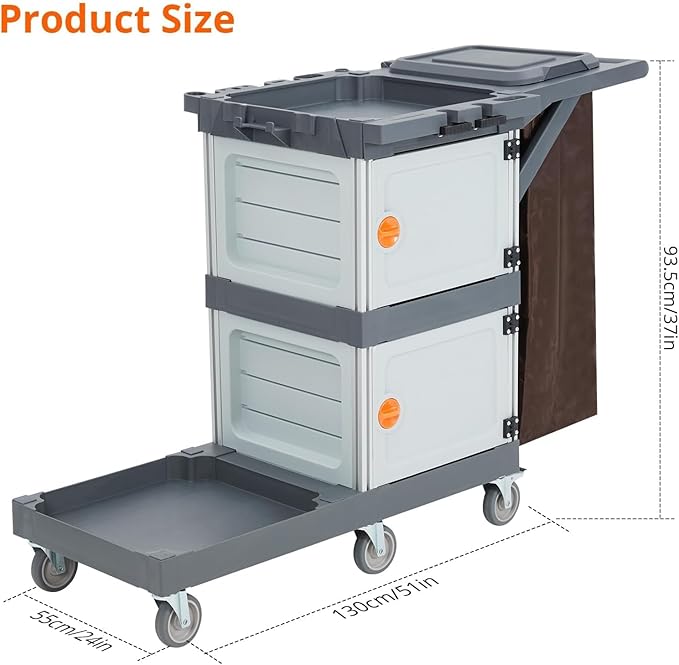Janitorial Cart with 2 Cabinet, Commercial Traditional Janitorial 3-Shelf Cleaning Cart On Wheels with Cover and Vinyl Bag, Grey