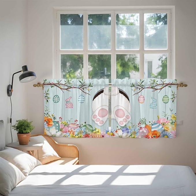 Easter Bunny Kitchen Tier Curtains 36 Inch Long 2 Panel Set, Rod Pocket Half