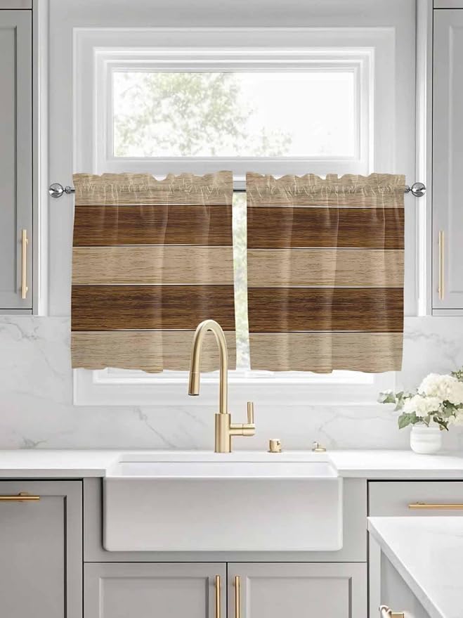 Retro Country Brown Wooden Board Window Valance Curtains, Farmhouse Gradient