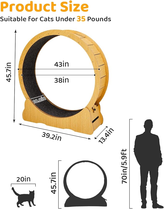 Outvita Cat Exercise Wheel for Quiet Running Indoor Use, 43.3" Cat Treadmill with Detachable Carpet, Cats Exerciser Helps Cats to Lose Weight and Keep Health, Easy to Install (Natural Wood)