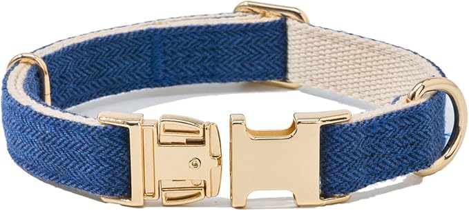 Soft Cotton Hemp Dog Collar with Metal Buckle Adjustable Tweed Dog Collars for Small Medium Large Dogs(Royal Blue,Medium)