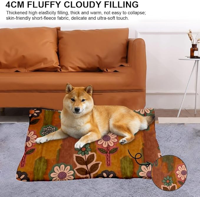 Vintage Floral Brown Dog Bed Furniture Washable Crate Mat Pet Padssoft Dog Crate Pads Washable Non-Slip Cushion for Cages Bed for Mat Pillow Dogs Indoor Outdoor 24X18 Inch