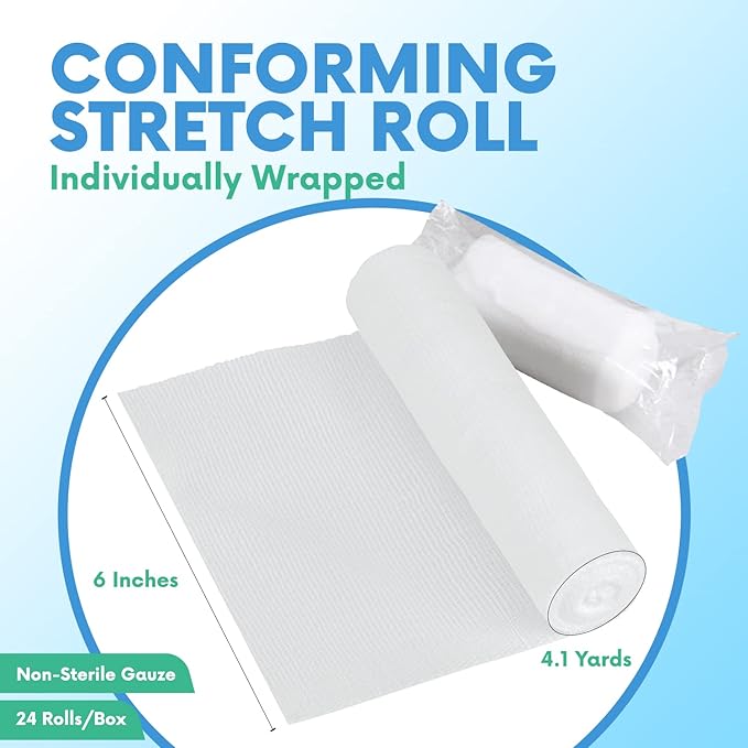 HEALQU Premium Gauze Rolls - 6' x 4.1 Yards - 12 Rolls, Individually Wrapped Conforming Stretch Gauze Bandage - Super Soft Woven Stretch Bandages for Primary Wound Dressing Support