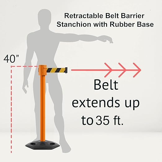 Montour Line MSR760 Set of 2 Retractable Belt Barrier Stanchion, Rubber Base, Orange Post (35 ft Yellow with "Cleaning in Progress" Black Letters Belt)