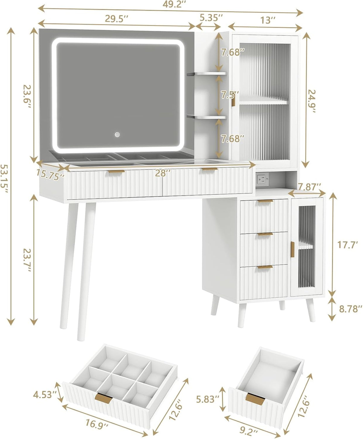 White Vanity Desk with Mirror and Lights, 49" Fluted Makeup Vanity Table with Glass Top, Charging Station, 5 Drawers, 2 Cabinet with Adjustable Shelves, Salon Station, Wood