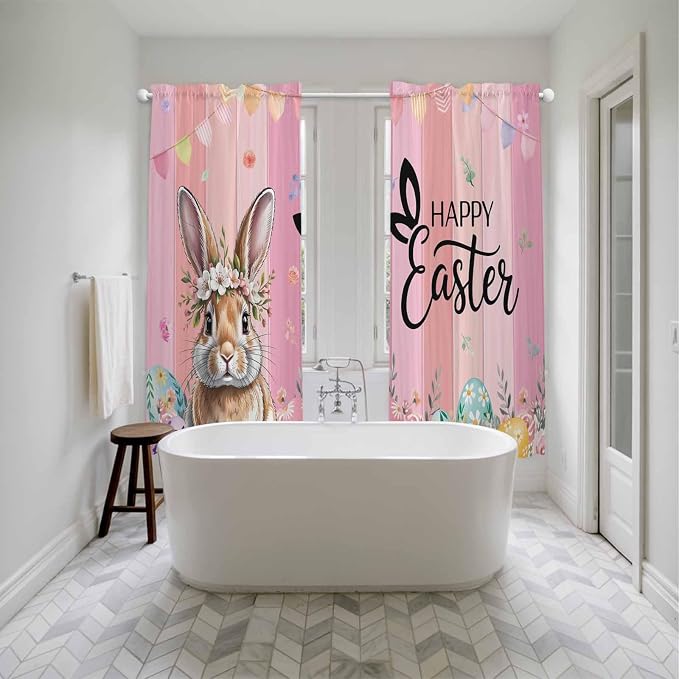 Easter Kitchen Curtains, Spring Rabbit Eggs Flowers Flags Leaves Wood Grain