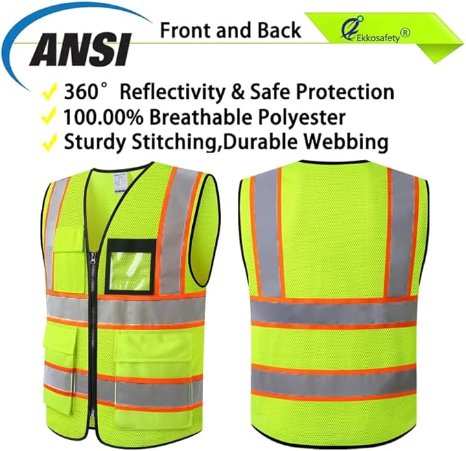 Reflective Mesh Safety Vest for Men Women with 8 Pockets and Zipper Front High Visibility Mesh Vest Hi Vis Construction Work Vest,Meets ANSI/ISEA Standards(EKH1-Yellow-L)