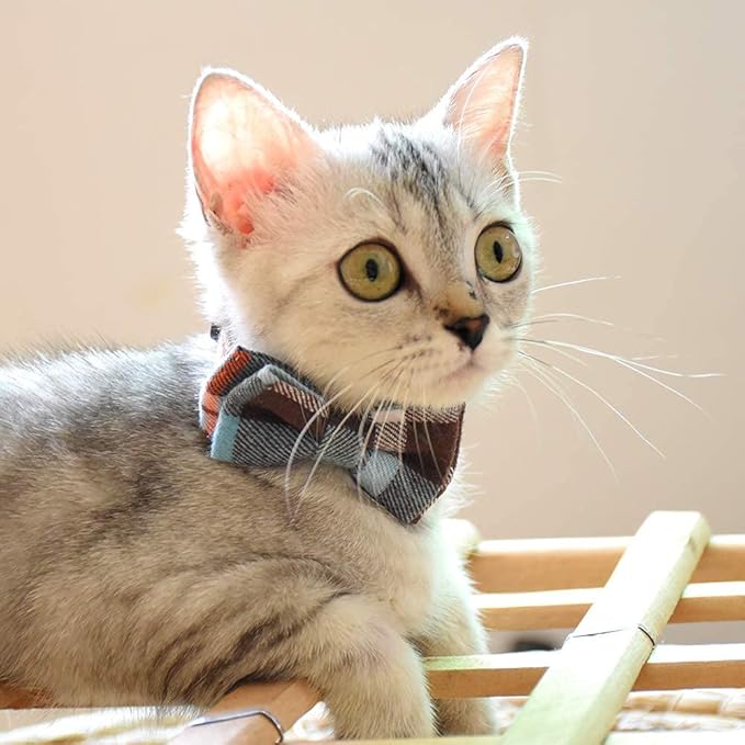 Cat Collar Breakaway with Bell and Bow Tie, Plaid Design Adjustable Safety Kitty Kitten Collars(6.8-10.8in) (Light Blue&Brown)