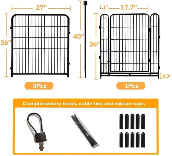 Garden Fence with Gate 36 in(H)×27 in(L) 4 Panels, Heavy Duty Iron Animal Barrier Fence, Rabbit Fence for Garden, Suitable for Indoor Pet Or Outdoor Dog Fencing, Total 8.9 Ft(L), Black