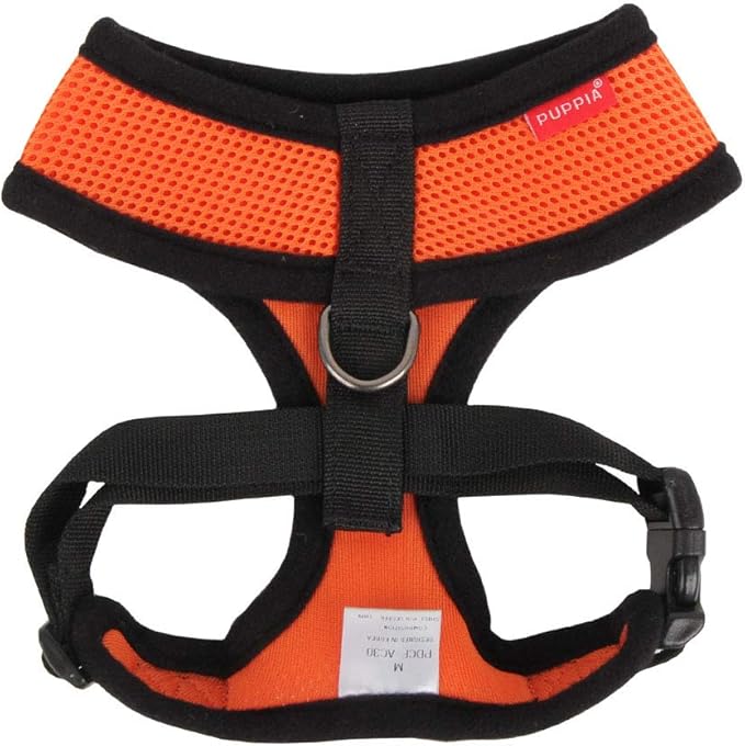 Puppia Soft Dog Harness No Choke Over-The-Head Triple Layered Breathable Mesh Adjustable Chest Belt and Quick-Release Buckle, Orange, X-Small