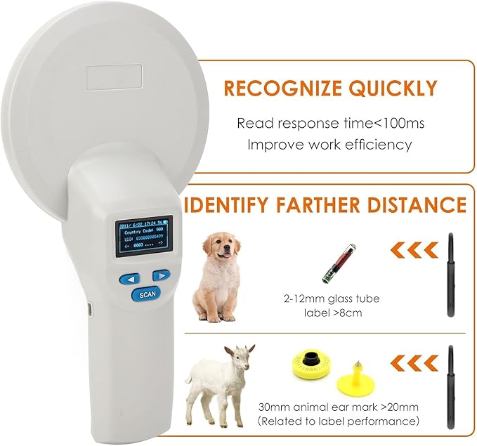 Pet Microchip Scanner with Bluetooth,Large OLED Display Bluetooth USB Connection Animal Tag Reader with Storage, Portable for Animal Management Railway Inspection