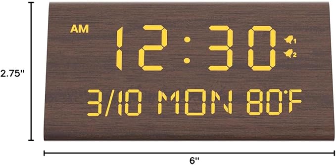 Kogonee Wooden Digital Alarm Clock, 0-100% Dimmer, 2 Alarm Settings,