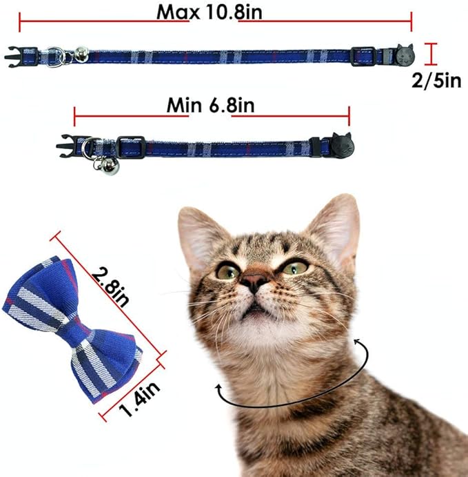 Cat Collar Breakaway with Bell and Bow Tie, Plaid Design Adjustable Safety Kitty Kitten Collars(6.8-10.8in) (Blue Plaid 1)