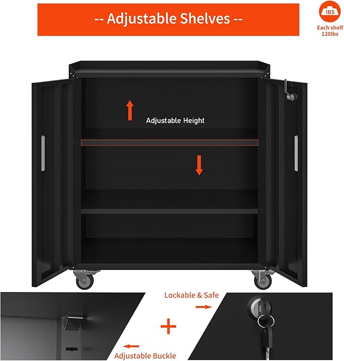 Metal Garage Storage Cabinet with Wheels ，Lockable Rolling Tool Chest on Wheels, Utility Cabinet for Home, Office, Garage and Workshop(Black)