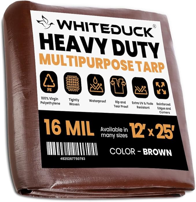 WHITEDUCK Super Heavy Duty Poly Tarp Cover 16 Mil & 10 Mil with Grommets and Reinforced Edges (Brown, White & Silver Black) (Brown- 16 Mil, 12' x 25')