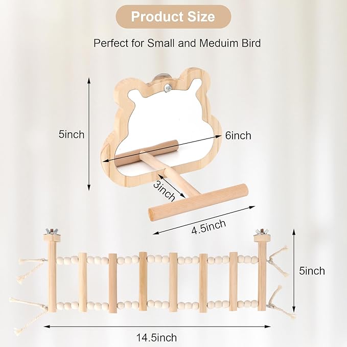 Bird Mirror with Perch & 8-Step Bird Ladder for Cage - Natural Wood Toys for Parakeets, Cockatiels (4.7x3.5x5.1in Mirror + 14.6x3.9in Ladder) Cage Accessories Bundled Set