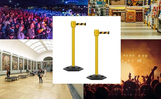 Montour Line MSR760 Set of 2 Retractable Belt Barrier Stanchion, Rubber Base, Yellow Post (35 ft Green Belt)