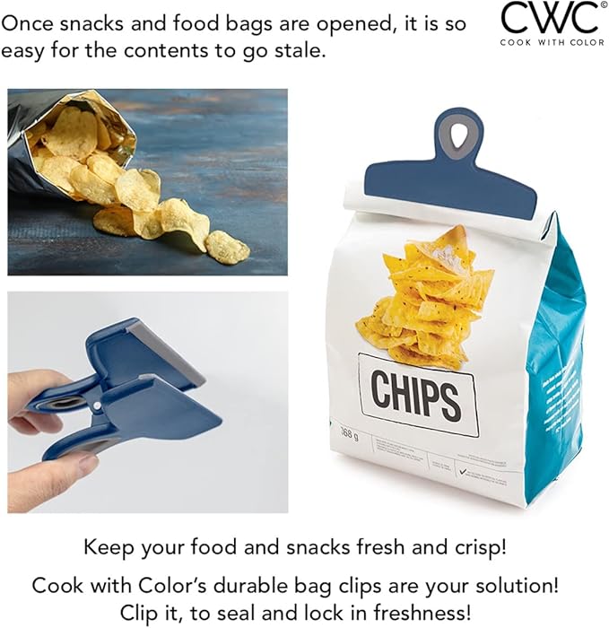 COOK WITH COLOR Bag Clips - Heavy Duty Chip Clip and Refrigerator Magnet Clips for Food Storage with Air Tight Seal Grip, Blue Ombre, Pack of 4 Large Clips