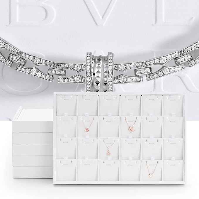 Oirlv Premium White Leather Stackable Jewelry Tray 24 Grid Jewelry Drawer