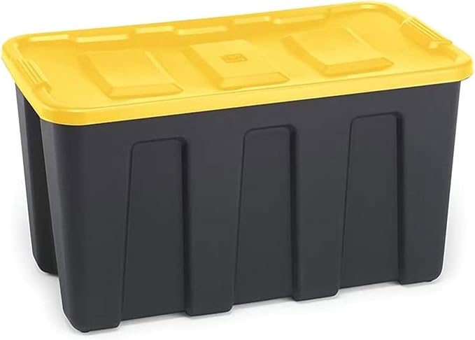 HOMZ 4-Pack Durabilt Tote, Heavy Duty Plastic Storage Bins with Lids, 34 Gallon, Black/Yellow - Stackable Organizing Containers for Home, Garage, and Office