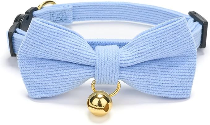Cotton Breakaway Kitten Collar with Bow Tie and Bell Adjustable Cute Soft Corduroy Cat Collars for Small Cats(Blue,XS)