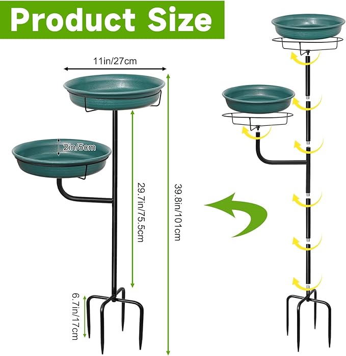 Freestanding Birdbaths Bowl Outdoor, Free Standing Garden Bird Bath Bird Feeder & Bird Bath Bowl, Detachable Decoration Spa Birdfeeder for Garden Patio Yard Lawn, 4 Spiky Metal Stake (Green 2)