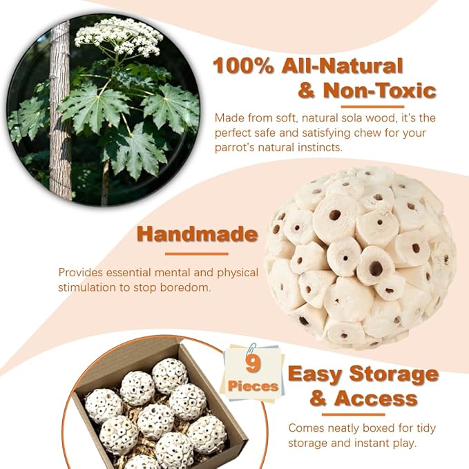 Bird Toys - 9Pcs 1.6" Natural Sola Balls, Cage Enrichment | Chewing and Shredding Parrot Toys | Ideal for Parakeets/Cockatiels/Conures/Lovebirds and Small to Medium Birds