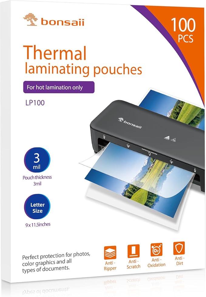 Bonsaii Laminating Sheets, 100 PCS 3mil Thermal Laminating Pouches, 9 x 11.5 inches, Letter Size, Clear and Durable, Suitable for Multiple Fields of Use-LP100