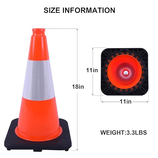 OrangeStar 4-Pack 18" Traffic Cones with Weighted Rubber Base, 6" Reflective Collar, Orange Safety Cones for Parking Lot, Road Construction, Warehouse, Highway, Weatherproof PVC
