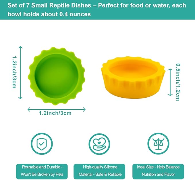 7 Pack Crested Gecko Food and Water Bowl, Eudimysx Reusable Small Reptile Feeding Dish, Gecko Tank Accessories for Hermit Crab, Tarantula, Isopods and Lizard, Silicone Easy Clean & 7 Colors