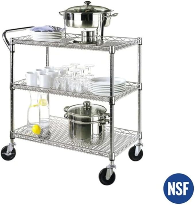 Heavy Duty 3 Tier Rolling Utility Kitchen Cart on Wheels,Large 45"L x 17 1/2"D x 45"H Metal Serving Cart Commercial Grade with Wire Shelving and Handle Bar for Office School Church Kitchen Hardware