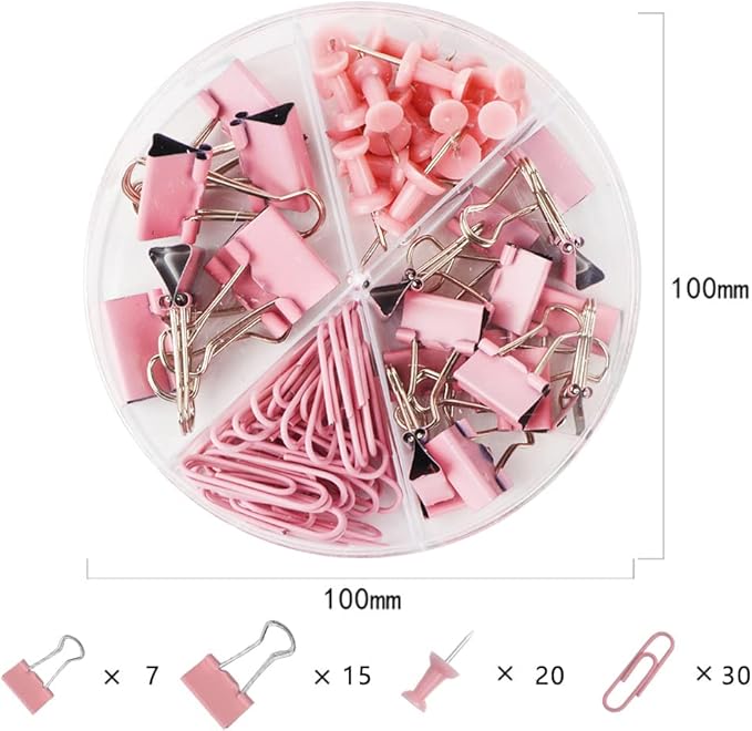 Paper Clips and Binder Clips Set, Metal Assorted Sized Binders with Push Pins, Cute Office Supplies for Desk, Desk Accessories (Pink)